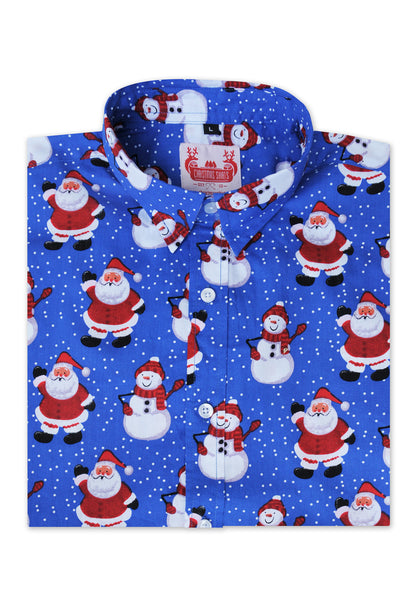 blue Christmas shirt with Santa and snowmen 