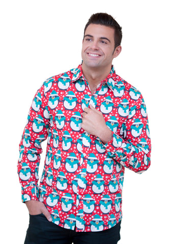 Red Christmas Shirt with penguins, much cooler than a Christmas jumper.